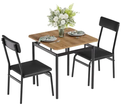 Image de Ensemble de salle à manger comprenant une table de 70x70 cm avec un plateau en similicuir marron et deux chaises rembourrées en similicuir noir