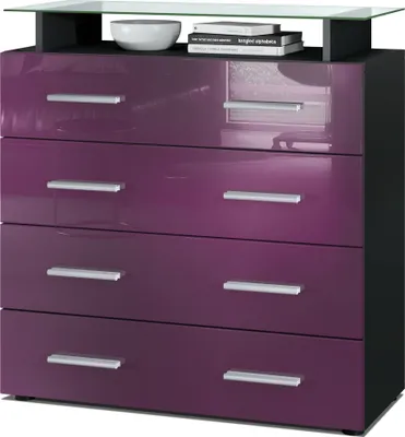 Produktbild von Vladon Sideboard Pavos V2, Kommode mit 4 Schubladen und Glasablage, Schwarz matt/Brombeer Hochglanz (76 x 81 x 35 cm)