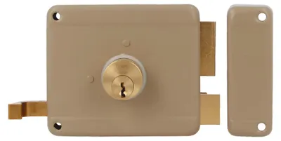 Produktbild von Amig - Aufschraubschloss DIN rechts mit Schließhebel, Falle und Ziehgriff für Holztüren Mod. 77-100 x 85 mm - Riegel mit rundem Zackenzylinder - Stahl beige
