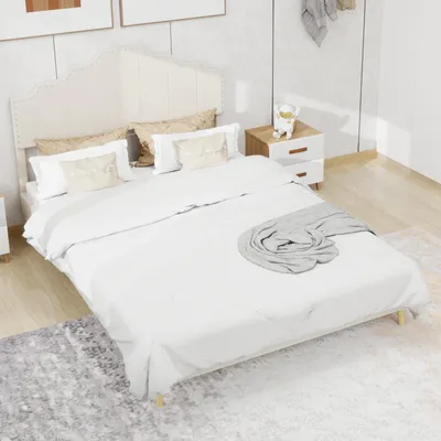 Image de MODFU Lit double 160x200 Lit pour adolescent Lit rembourré au design géométrique, cadre de lit avec tête de lit et sommier à lattes, tissu, sans matelas, beige