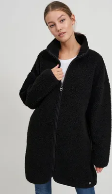 Produktbild von OXMO OXTova Damen Sweatjacke Lang Jacke mit Teddy-Fell Stehkragen Reißverschluss Eingrifftaschen Loose fit
