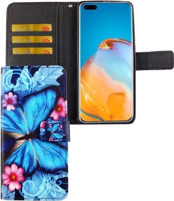 Produktbild von Huawei P40 Pro Tasche Handy Hülle Schutz-Cover Flip-Case mit Kartenfach Blauer Schmetterling
