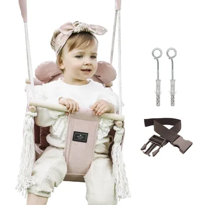 Produktbild von NATILU® Babyschaukel Set mit Sicherheitsgurt Haken Ringe Bär Miss Bear I Schaukel Baby Indoor Outdoor I Kinderschaukel Babyschaukel Holz I Babyschaukel Türrahmen I Babyschaukel Outdoor Aus EU