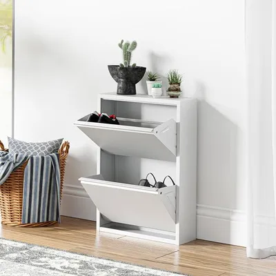Productafbeelding van Schoenenkast Sokndal, schoenenrek met 2 kleppen, metalen schoenenkast voor 4 paar schoenen, 71 x 50 x 15 cm, wit