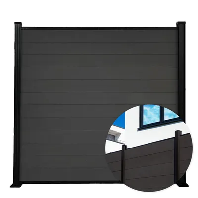A dark gray WPC privacy fence with black aluminum posts, shown against a white background. A circular inset shows a close-up of the fence and a building with a window.
