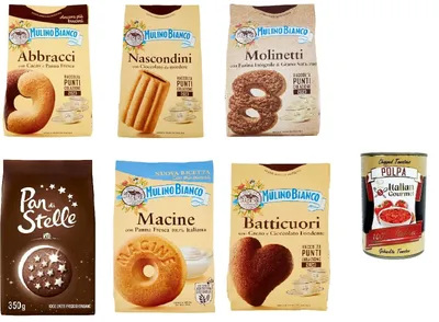 Produktbild von Testpaket Mulino Bianco Italian Classic Shortbread-Kekse mit Kakao und frischer Sahne, ohne Palmöl, geschmacksintensives Frühstück 5x 350 g 1x 330g + Italian gourmet polpa 400g