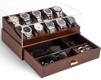 Produktbild von Uhrenbox Herren 10 Fächer Echtholz Uhrenkoffer Schublade Walnuss