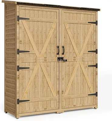 Produktbild von Gartenschrank Holz, Outdoor Geräteschrank, Gerätehaus mit Tür, Böden, Geräteschrank, Gartenhaus, Gartenschuppen für Garten, Terrasse & Balkon, 140x44x162cm, Natur