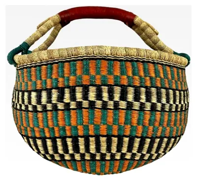 Produktbild von Bolga Korb Afrika - XXL - Original aus Ghana - Bunt - Fair Trade - Rund - Viele Farben - Afrikanischer Graskorb mit Ledergriff - Flechtkorb 30-40 cm - Rundkorb mit Wunschdesign