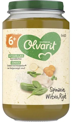 Immagine prodotto di Olvarit Spinazie Witvis Rijst omogeneizzato 200g, a partire da 6 mesi, senza glutine