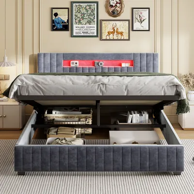 Immagine prodotto di Letto matrimoniale imbottito 160 x 200 cm con testata a LED, contenitore, rete a doghe in legno, grigio