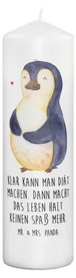 Produktbild von Mr. & Mrs. Panda Kerze Pinguin Diät 29 x 8 cm XL - Weiß - Geschenk, Erinnerungskerze, Bedruckte, Stumpenkerze, Abnehmen, Wachskerze, Motivation, Blockkerze