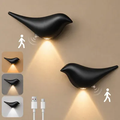 Produktbild von 2er Set LED Nachtlicht mit Bewegungsmelder Akku 1200mAh Vogel Design Kabellos 3 Farben Magnetisch Wandleuchte Treppenlicht Schlafzimmer Schwarz-Optik
