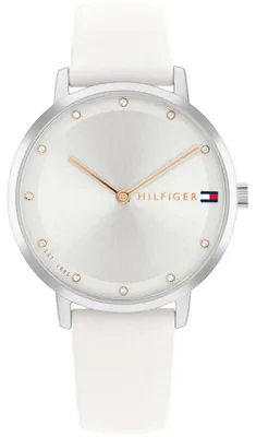 Produktbild von Tommy Hilfiger Pippa 1782765 Damen Uhr Silber mit Lederarmband, Strass und schmalen Zeigern