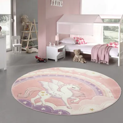 Obrázok produktu pre Koberec na hranie do detskej izby - Jednorožec pod dúhou v krémovo ružovej farbe - okrúhly 120 cm