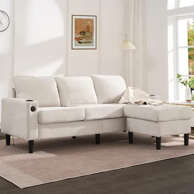 Zdjęcie produktu dla 3-osobowa rozkładana sofa Merax w kształcie litery L z podnóżkiem, tapicerowana sofa w lnie z gniazdem USB i Type-C, uchwyt na kubek, 202×137×80 cm, beżowa