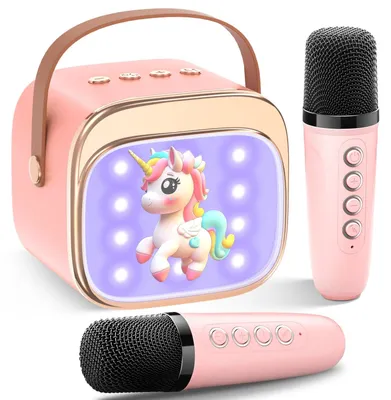 Immagine prodotto di Macchina per karaoke per bambini - Due microfoni wireless - Unicorno - Bluetooth 5.0 - Per bambine da 3 a 12 anni