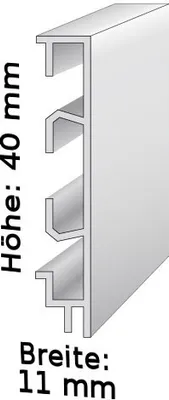 Produktbild von Sockelleiste mit Kabelkanälen, Höhe: 40 mm, Breite: 11 mm, Aluminium (silber eloxiert), Typ: 465