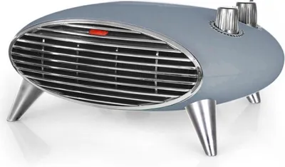 A retro-style electric heater with a gray body and silver legs and controls, set against a white background.