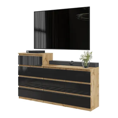 Produktbild von Große Kommode GABRIEL 160 cm – Eiche Wotan / Schwarz Hochglanz – Modernes Sideboard mit 10 Schubladen