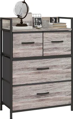 Image de HOMCOM Commode chambre meuble de rangement commode 4 tiroirs en tissu pliables et amovibles avec étagère ouverte et cadre en métal, chiffonnier pour salon, chambre, entrée, effet bois gris
