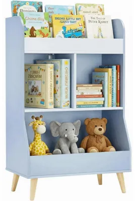 Image de Étagère pour enfants, 94x62x34 cm, 3 compartiments, bleue, en MDF/bois de pin