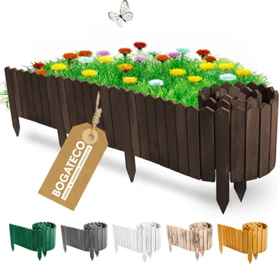 Produktbild von BOGATECO Rollborder Holzlatten | 20cm Hoch & 200cm lang | Holz-Zaun | Staketenzaun Perfekt als Beet-Umrandung | Dunkelbraun