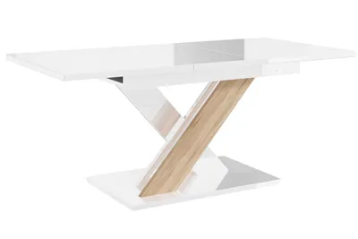 Produktbild von Esstisch BRONX, Stilvoll Ausziehbar Esszimmertisch, Design Tisch, Esszimmer (Weiß Hochglanz + Eiche Sonoma)