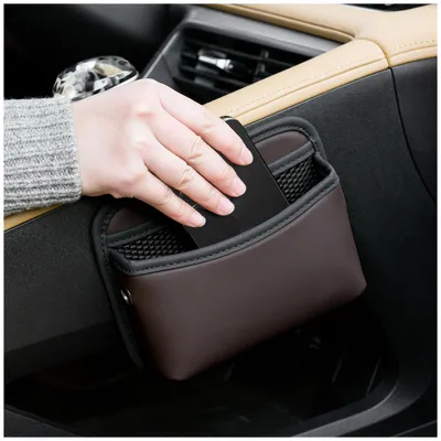 Image de Organisateur de siège de voiture en simili cuir, pochette de rangement pour téléphone, couleur marron, dimensions 18,5 x 15,5 cm