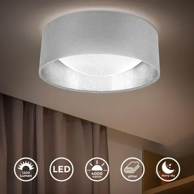 Produktbild von B.K.Licht LED Deckenleuchte Stoff Grau Silber Ø32cm 12W 1200lm Neutralweiß 4000K Sternenhimmeleffekt