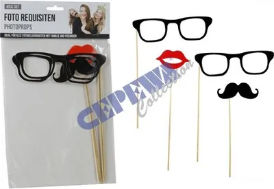 Produktbild von Mr&Mrs Foto Requisiten Set, 4-teilig, aus schwarzer Pappe, 19x28cm, Brillen Bart Lippen