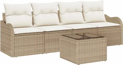 Immagine prodotto di Set da giardino composto da 5 pezzi, divano da 4 posti, colore beige e crema, realizzato in rattan sintetico