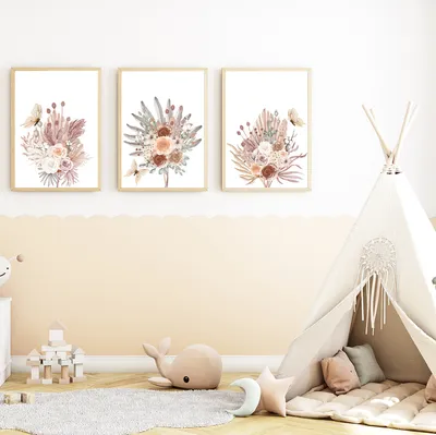 Produktbild von Blumen Boho Natur Schmetterling 3er Set Bilder Kinderzimmer Deko DIN A4 Poster Babyzimmer Wandbilder