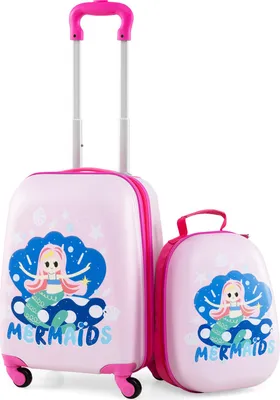 Produktbild von COSTWAY 2tlg Kinderkoffer + Rucksack, Kindertrolley aus Kunststoff, Kinder Kofferset Handgepäck Reisegepäck Hartschalenkoffer, Mermaid, 12"+16"