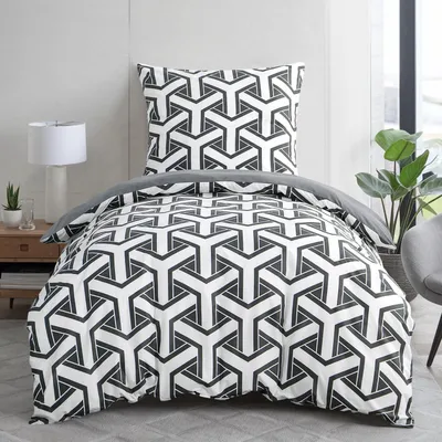 Immagine prodotto di Set di lenzuola 155x220 cm, motivo geometrico, grigio, in microfibra, composto da 2 pezzi, con federa 80x80 cm, chiusura con cerniera, non necessita di stiratura