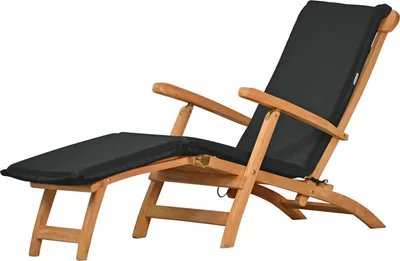 A wooden deck chair with a black cushion on a white background.