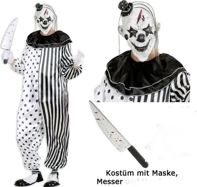 Produktbild von Kostüm  Clown Pierrot - Set- Overall, Maske, Messer - Halloween M - 50/52