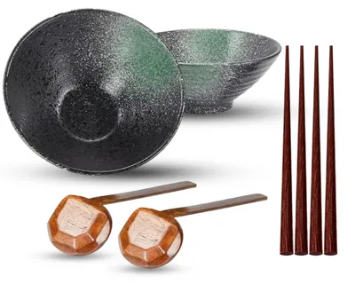 Keramik-Ramen-Schüsseln, 2er-Set mit Löffeln & Stäbchen, Grün