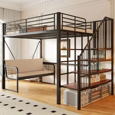 Immagine prodotto di Letto a castello 140x200 cm con divano imbottito removibile, struttura in metallo robusta, scaletta con spazio contenitore e pannelli in legno, colore nero/bianco, ideale per la camera da letto