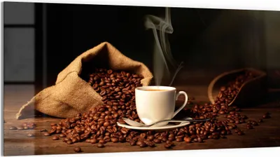 Produktbild von DEQORI Glasbild Echtglas 100x50 cm 'Kaffeetasse mit Bohnen' Wandbild Bild modern Deko
