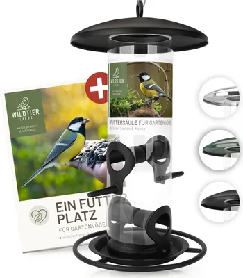 Produktbild von wildtier liebe Körner Futtersäule, Vogelfutterspender 26cm, Schwarz - aus rostfreiem Metall I Vogel-Futterstation, Vogelfutter-Säule, Wildvögel Futtersilo I Ganzjährige Vogelfütterung