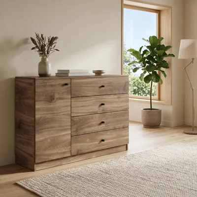 Produktbild von Masseno Kommode NESTOS 120 cm Sideboard mit 4 Schubladen und 1 Türen für Wohnzimmer Schlafzimmer Modern 120x40x87 cm Braun