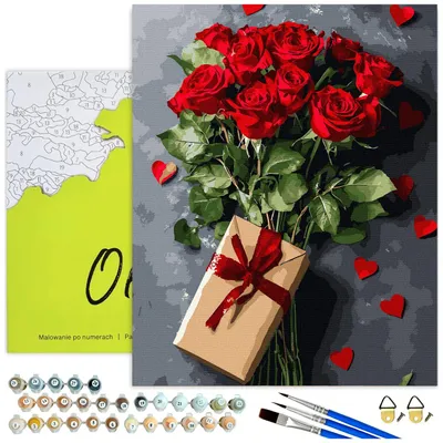 Produktbild von Malen nach Zahlen Erwachsene Anfänger - Rote Rosen und Herzen mit Rahmen 40x50