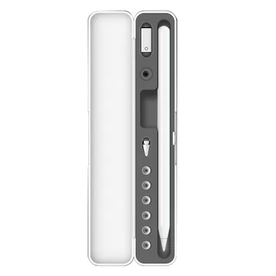 A white stylus pen case with a stylus and accessories inside, shown open against a white background.