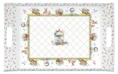 Produktbild von Serviertablett SPRING BLOOM Hasen und Blumen mit Griffen 47x31cm Easy Life