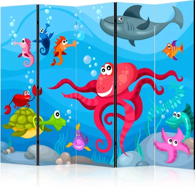 Produktbild von 5-teiliger Doppelseitiger Vlies Paravent - Octopus and shark II 225x172 cm Für Kinder e-C-0070-z-c