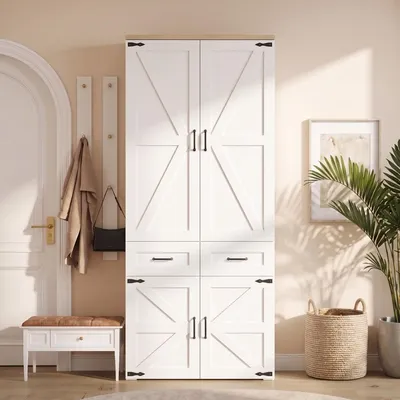 Image de Armoire, modèle à portes battantes (90x50x200 cm), avec 4 portes, 2 penderies et 5 tiroirs, style rustique, blanche