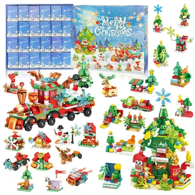 Produktbild von Adventskalender Zug Bauklötze Set Weihnachten Advent Countdown Kalender 24-Tage Adventskalender Spielzeug 12-in-1 Weihnachtsbausätze Bausteine Blocks