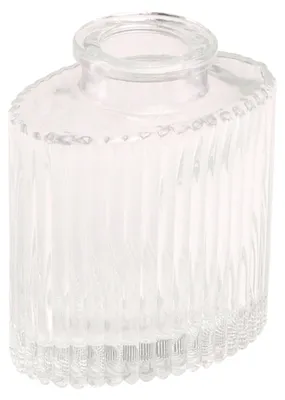 Mini-Glasvase „Helios“ in transparenter Ausführung mit geriffelter Oberfläche, rechteckiger Form und schmaler Öffnung.