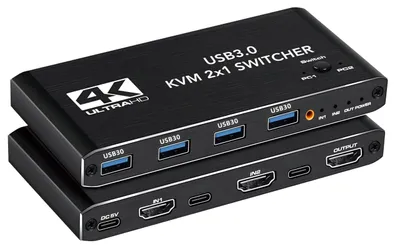 Obrázek produktu pro Přepínač KVM s HDMI, podpora 4K rozlišení a 120 Hz – včetně kabelu a adaptérů
